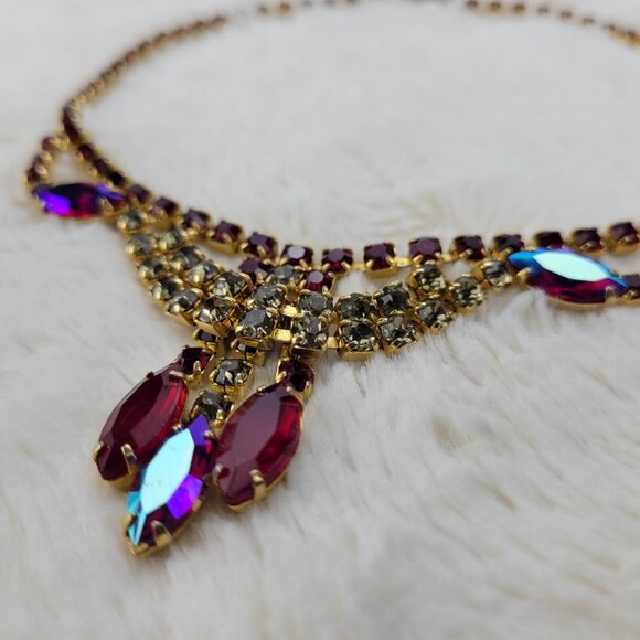 1950 1950\'s Vintage Opulent Aurora Borealis Multi-Stand Necklace with Center Drops